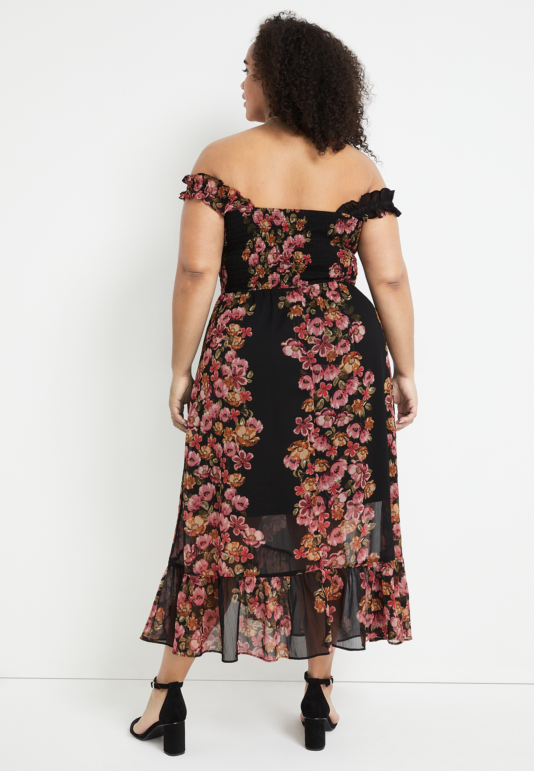 Black Floral Smocked Midi Dress | maurices